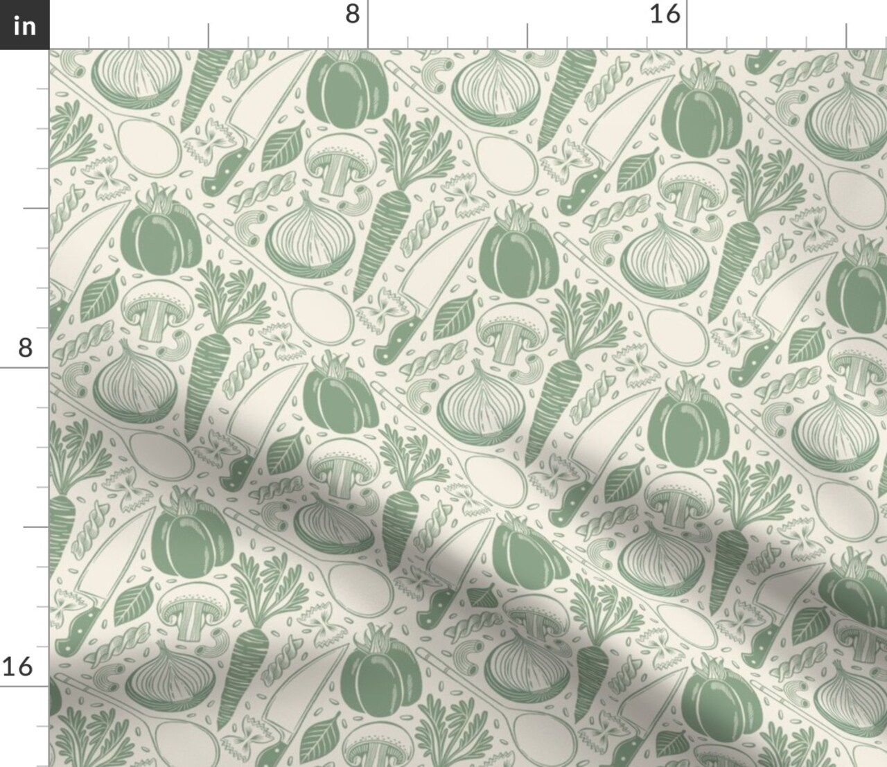 Rustic Cooking Monochrome Green Cream Onion Mushroom Carrot Pepper Pasta Custom Printed Fabric by Spoonflower Various Fabrics by the Yard or Fat Quarter 17539958